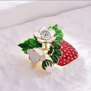 Strawberry Brooch Enameled with Floral Accents Gold Tone